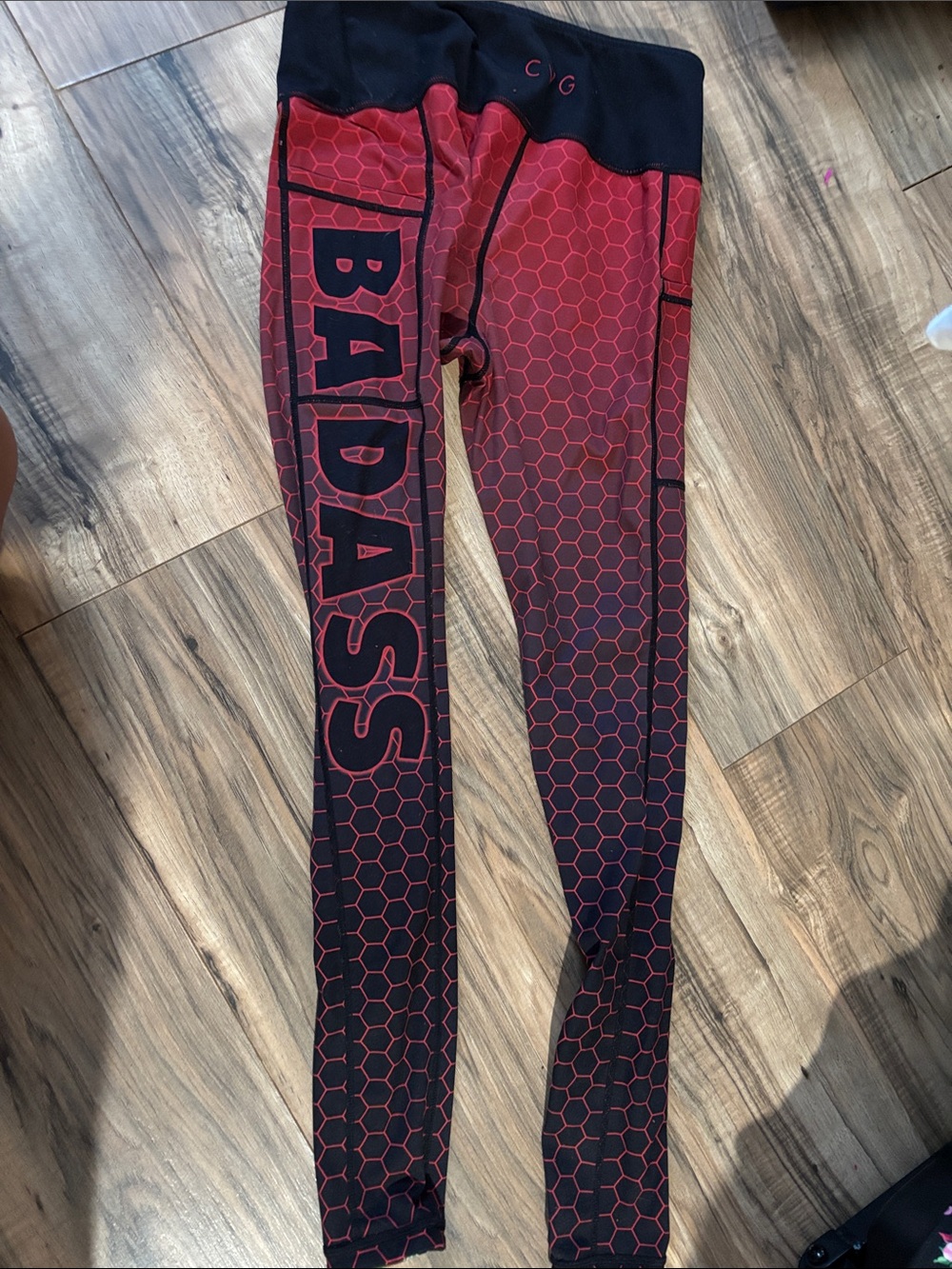 'BADASS' Red & Black Performance Leggings reversable with skull/camo design